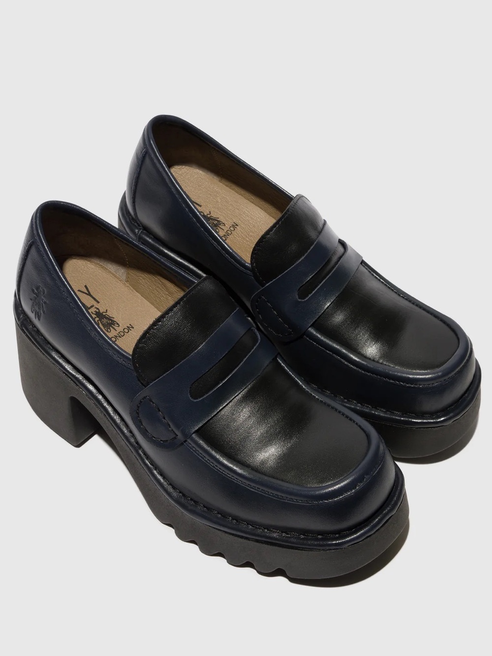 Fly London || Muly Chunky Heeled‎ Penny Loafer Two Tone Black Navy 40